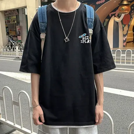 港风短袖t恤男夏季潮牌宽松个性印花纯棉假两件情侣款半袖体恤衫T商品大图