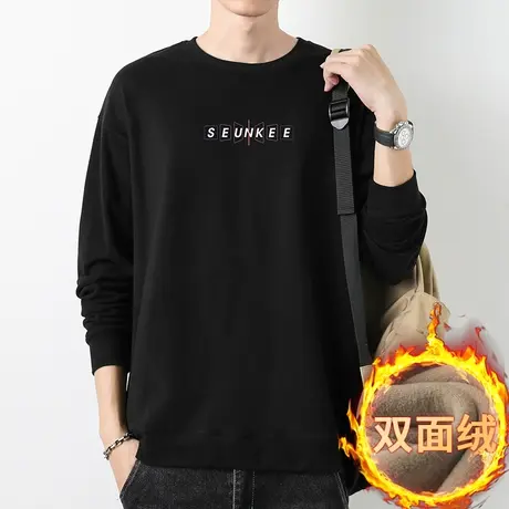 黑色卫衣男秋冬款加绒保暖套头无帽上衣服双面绒印花圆领长袖t恤商品大图