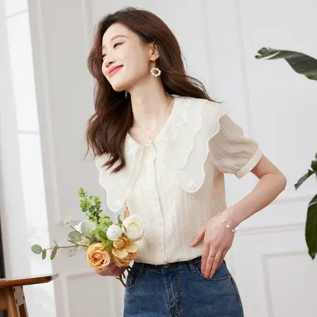 时尚气质短袖衬衫2023年夏季新款淑女温柔减龄宽松显瘦通勤上衣图片