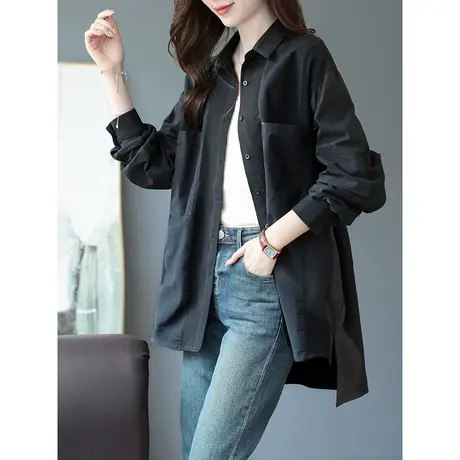宝诗黎翻领中长款棉质衬衫纯色开衫上衣女2023早秋新款长袖薄外套商品大图