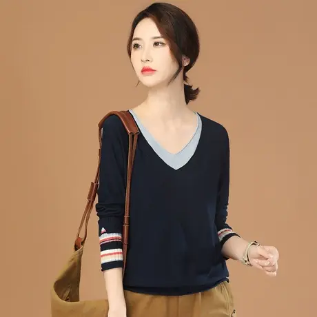 韩潮袭人V领长袖宽松条纹针织衫女2023秋季新款毛衣上衣打底衫图片