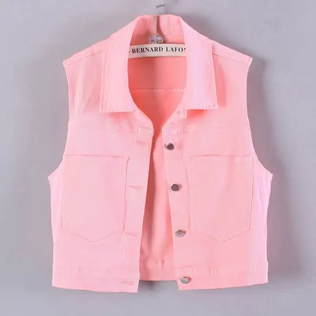 牛仔马甲女背心短款春秋夏宽松新款无袖大码外搭显瘦彩色粉色坎肩商品大图