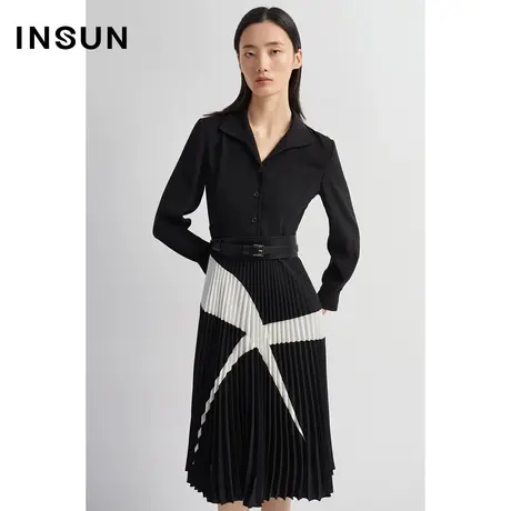 INSUN恩裳秋季仿醋酸几何撞色连衣裙图片