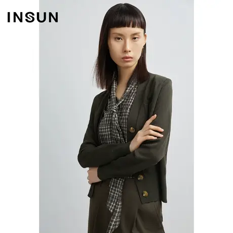 INSUN恩裳秋季假两件格纹拼接针织衫开衫图片