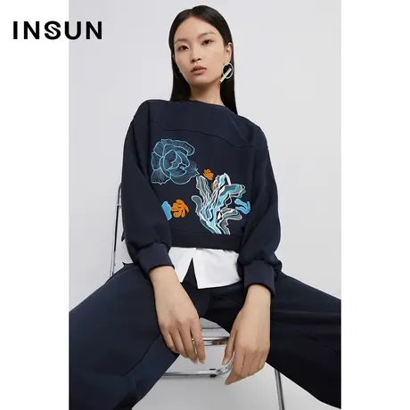 INSUN恩裳线上专选2023春季撞色刺绣卫衣休闲卫衣图片