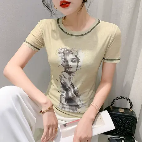气质印花上衣女短袖夏季2024新款修身网纱T恤时尚别致圆领小衫潮商品大图