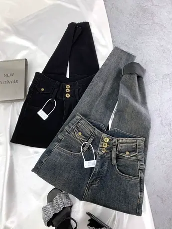 韩版排扣小口袋加绒牛仔铅笔裤女2023冬季新款加厚高腰弹力包臀裤商品大图