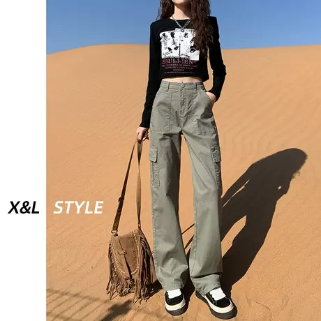 高腰工装牛仔裤女春秋2024年新款显瘦窄版阔腿美式复古休闲直筒裤图片