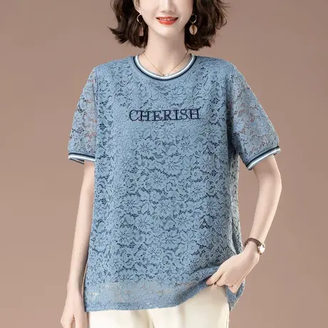 短袖T恤女夏季新款宽松加肥加大码女装中年妈妈洋气蕾丝显瘦上衣商品大图