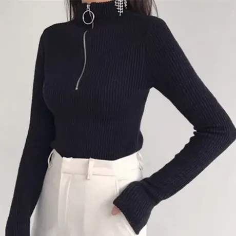 大码女装200斤秋冬半高领拉链洋气针织衫长袖上衣加厚内搭打底衫图片