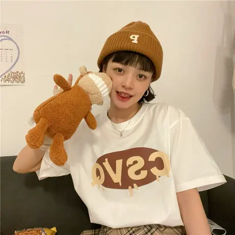 红续裂纹字母短袖女夏季新款韩版设计感小众宽松纯棉T恤ins潮上衣图片