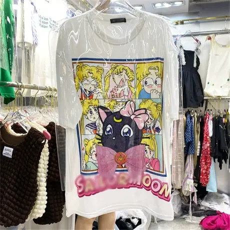 下衣失踪短袖t恤女2022夏季新款卡通美少女重工烫钻百搭欧货上衣图片