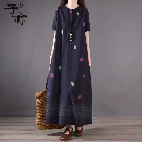 子亦2023夏装新款圆点印花裙子 短袖休闲大码时尚宽松腰连衣裙女图片