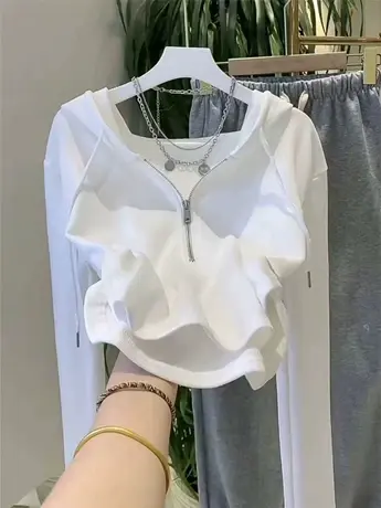 短款连帽卫衣女不规则早秋季2022新款韩版修身显瘦遮肚长袖上衣潮图片