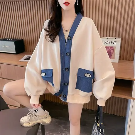 早秋外套女2023新款春秋韩版宽松大码初秋薄款撞色夹克棒球服开衫商品大图