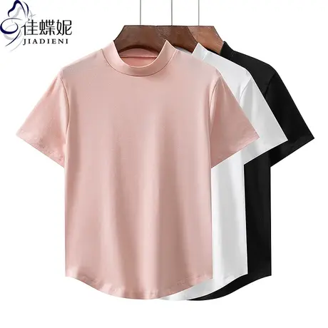 夏季新款半高领修身显瘦纯棉纯欲下摆圆弧纯色短袖体恤上衣女打底商品大图