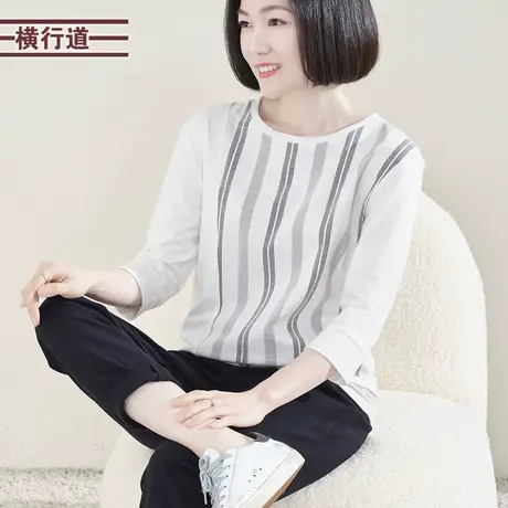 2025春季新款圆领竖条纹中袖T恤女装大码宽松胖MM中年妈妈七分袖商品大图