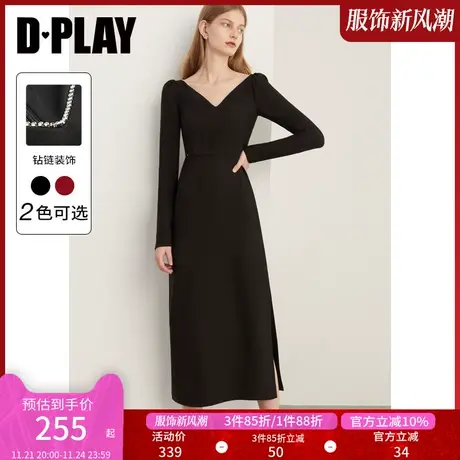 DPLAY新法式优雅赫本风经典黑V领闪钻连衣裙小黑裙轻礼服图片