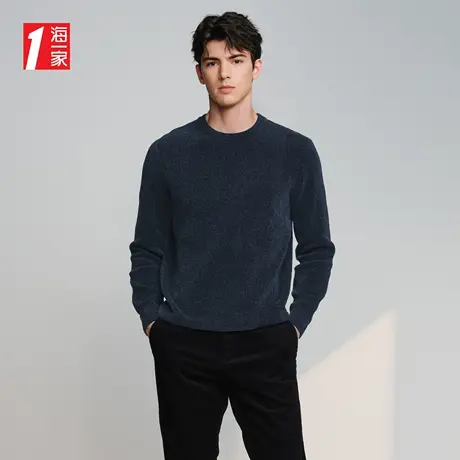 海一家圆领休闲毛衣2023秋季新款蓬松保暖雪尼尔男士长袖针织衫商品大图