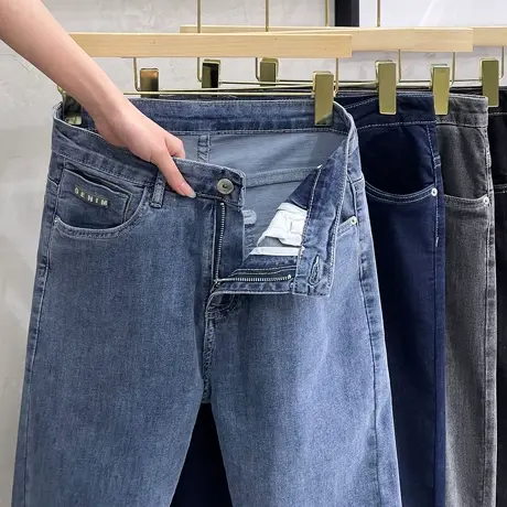 蓝色牛仔裤男潮牌2023年新款春夏直筒修身百搭休闲九分裤男裤子潮商品大图