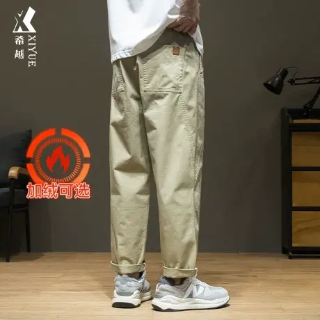 2024春季卡其色休闲裤男春秋新款加绒工装长裤宽松大码胖子直筒裤商品大图