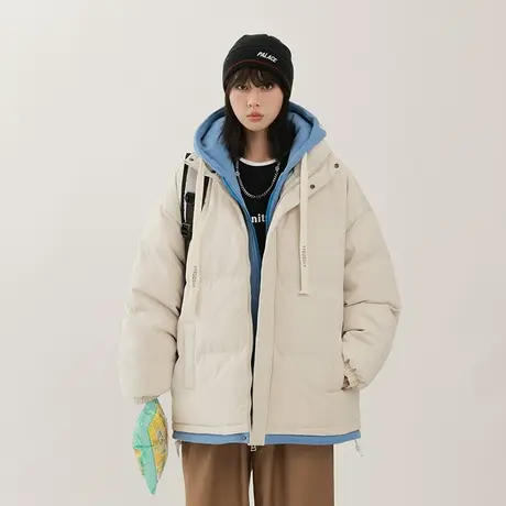 假两件羽绒棉服男冬季加绒加厚棉袄外套男生情侣保暖连帽棉衣袄子图片