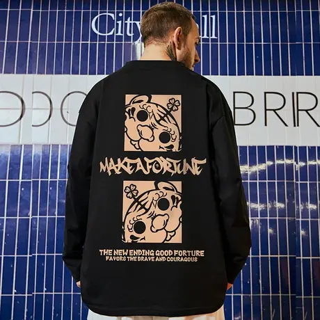 oversize欧美潮牌胖子男装大码国潮纯棉圆领宽松长袖T恤潮流春夏商品大图