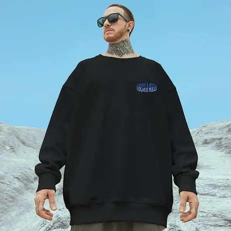 简约oversize港风圆领卫衣男潮牌ins潮流大码男装秋冬款加绒外套商品大图