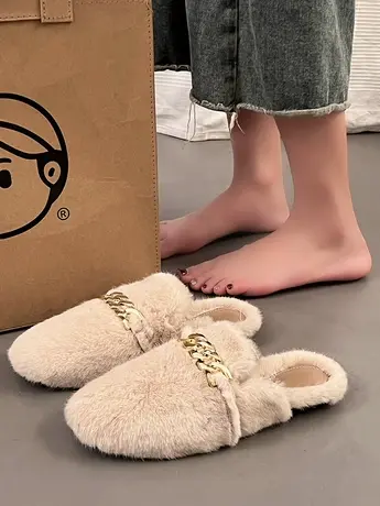 法式方头毛毛鞋女秋冬外穿2023年新款貂毛保暖包头半拖加绒棉拖鞋商品大图