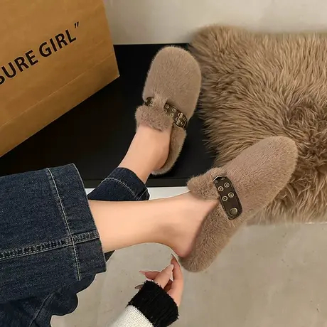 包头半拖女外穿冬季毛毛鞋2023年新款轻便勃肯鞋孕妇舒适外穿拖鞋商品大图
