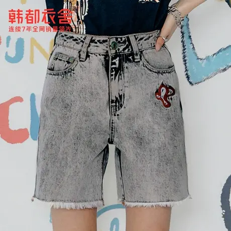韩都衣舍牛仔中裤女薄款夏新款短裤辣妹风直筒宽松毛边五分裤图片