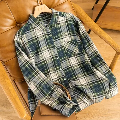 享永子格子全棉衬衫女文艺复古宽松显瘦上衣休闲百搭2023春季新款商品大图