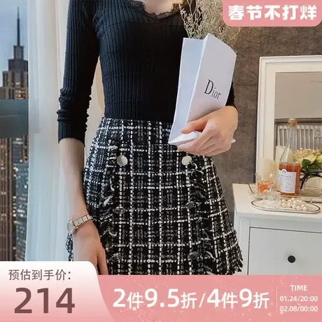 粉红大布娃娃半身裙女2021新款春气质格子高腰短裙遮胯a字裙裤商品大图