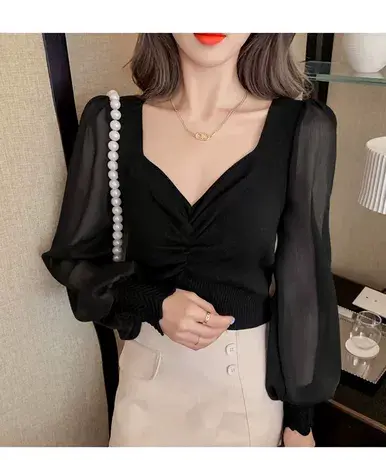 【直播】粉红大布娃娃拼接针织打底衫女法式方领针织衫商品大图