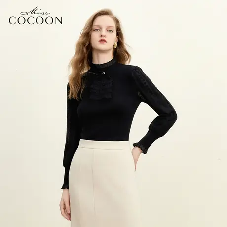 missCOCOON木耳边领上衣2023冬季新女镂空针织蕾丝蝴蝶结毛针织衫商品大图