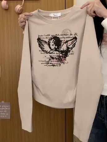 红续复古天使字母正肩长袖T恤女美式潮酷风收腰内搭上衣秋冬新款商品大图