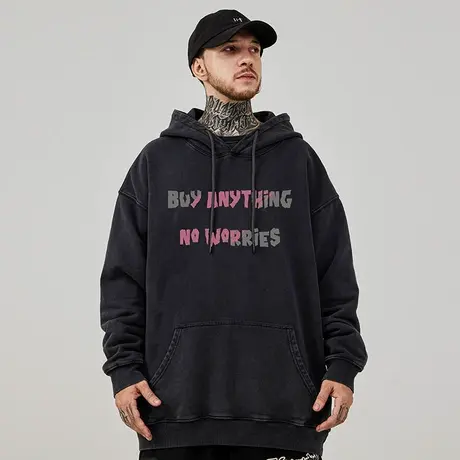 港风加肥加大码连帽美式重磅复古胖子男装宽松做旧卫衣加绒秋冬款图片