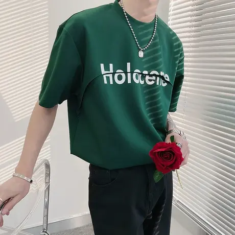 夏季男士t恤打底衫短袖宽松半袖潮流潮牌拼接时尚ins落肩学生体恤商品大图