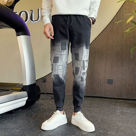 秋季时尚休闲男士牛仔裤渐变印花个性潮牌学生百搭ins青年束腿裤商品大图