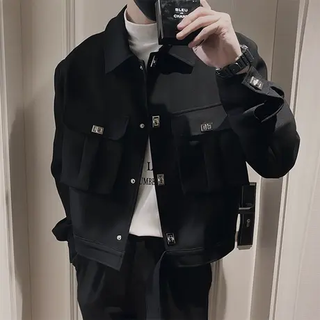 设计感外套机车工装口袋痞帅潮流男装褂子2023新款春秋季潮牌夹克商品大图