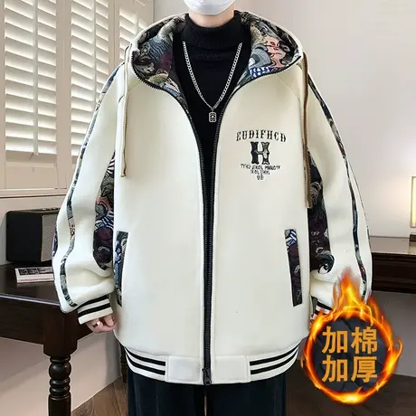 港风连帽上衣外套男士秋冬季潮牌奥粒绒加棉夹克潮流加厚保暖冬装图片