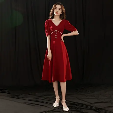 敬酒服新娘2023新款夏季遮手臂V领中袖收腰订婚回门礼服平时可穿商品大图