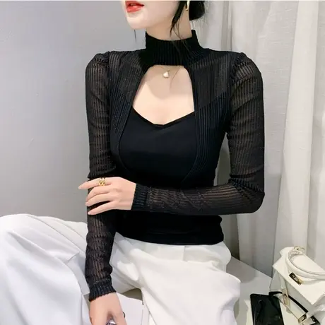 欧货女装假两件长袖打底衫女网纱拼接镂空洋气减龄上衣修身T恤ins图片