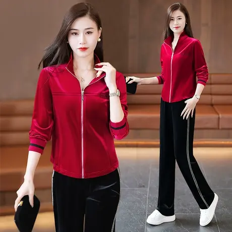 金丝绒休闲运动服套装女春秋2024年新款时尚立领显瘦直筒裤两件套图片