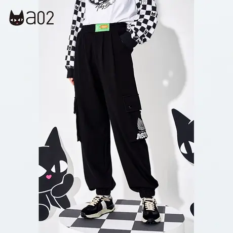 a02潮流个性反光印花工装裤女秋冬新款收腰束脚直筒针织裤潮图片