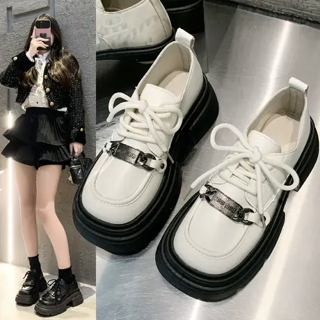 厚底黑色小皮鞋女春秋新款女鞋系带英伦风百搭乐福鞋粗跟jk单鞋子商品大图