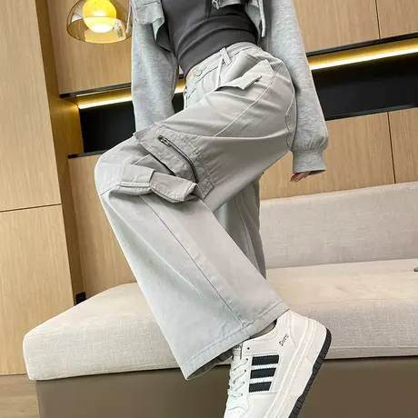 美式高腰直筒工装裤女2024年春秋新款设计感小众牛仔阔腿拖地长裤图片