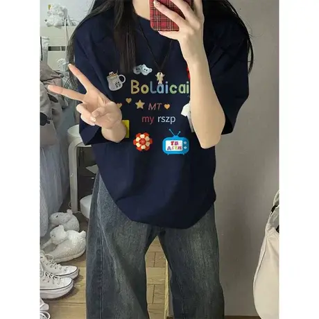 纯棉短袖t恤女夏季小个子宽松显瘦oversize设计感小众半袖上衣服商品大图
