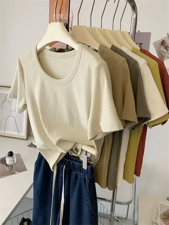 洋气减龄~U领纯色短袖T恤女夏正肩棉质宽松休闲百搭显瘦打底上衣商品大图