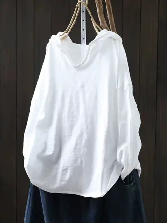 长袖连帽竹节棉白t恤女宽松大码秋装款韩版休闲百搭外穿打底上衣商品大图